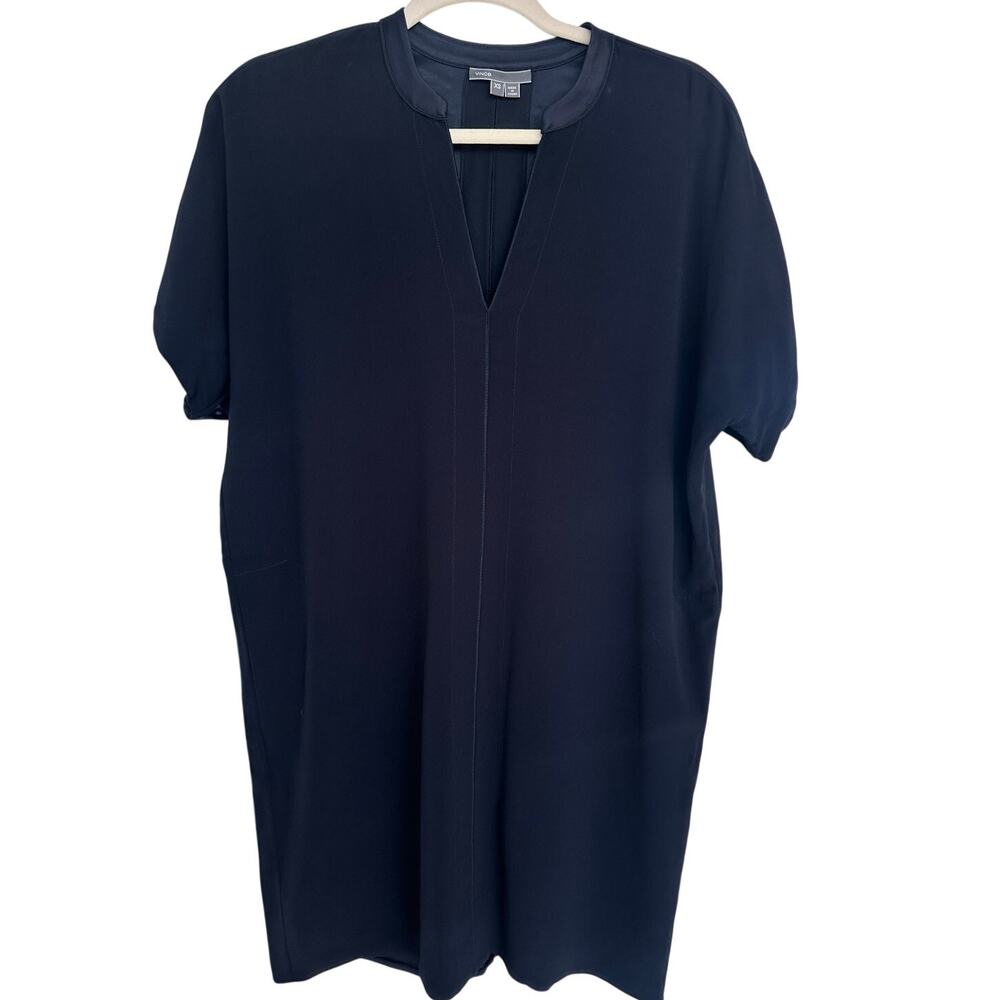 Vince Navy Blue V-Neck Tunic Short Sleeve Shift Dress Silk Trim Short Sleeve XS